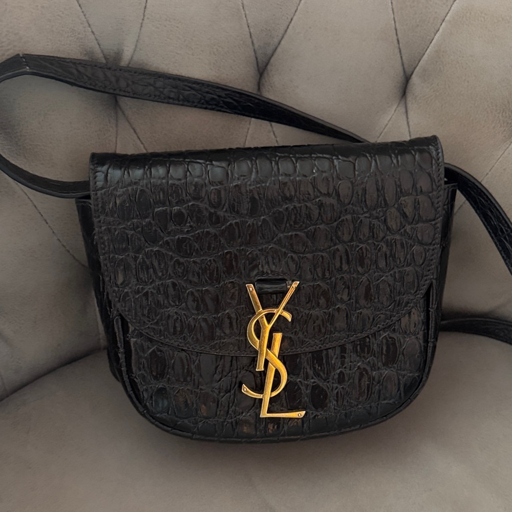 Yves Saint Laurent Black Croc-Pattern Kaia Shoulder Crossbody bag